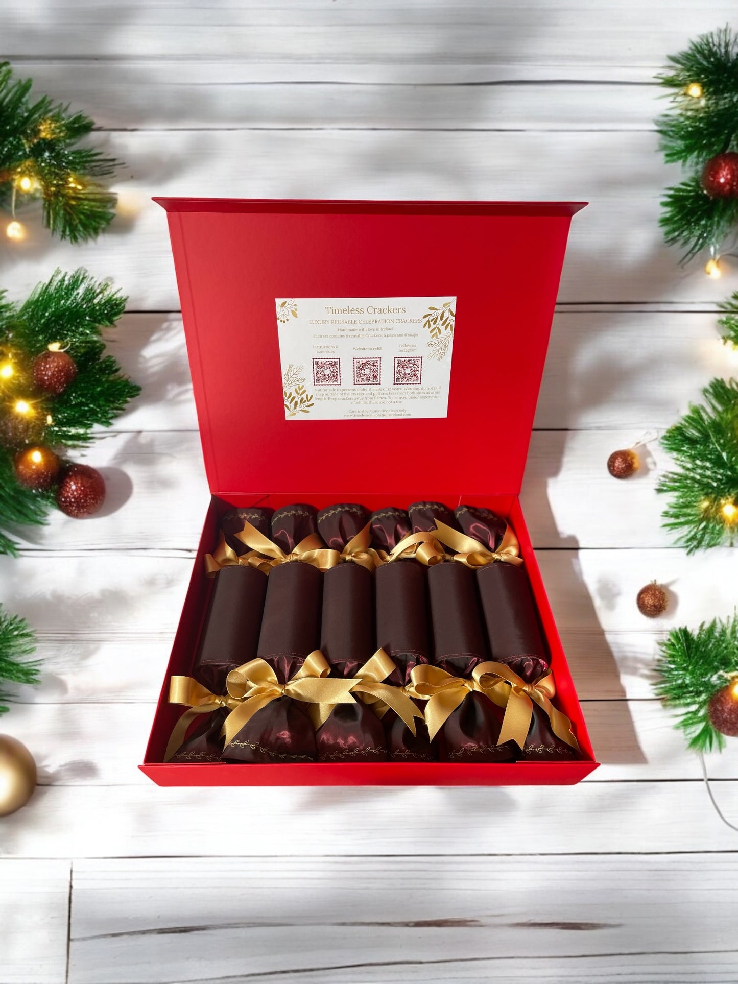 “Luxury set of six Bordeaux satin Christmas crackers with gold ribbons in red keepsake box, Timeless Celebrations Ireland”