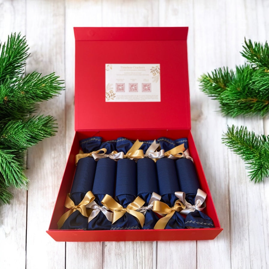 “Set of six Navy / Sapphire blue luxury reusable Christmas crackers with gold bows in keepsake box, Timeless Celebrations Ireland”