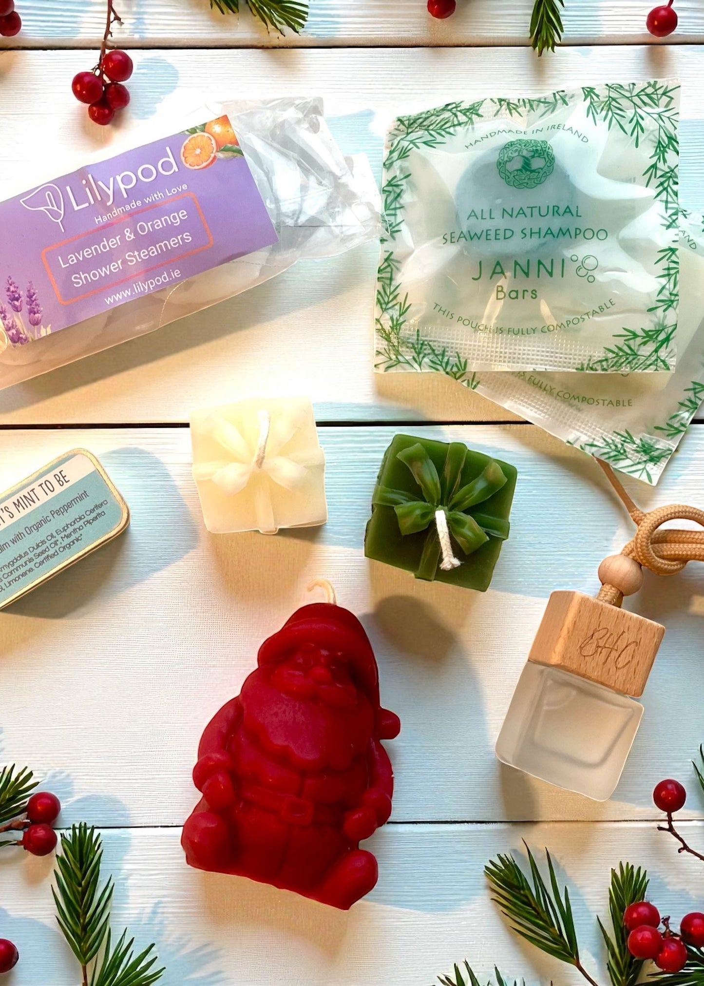 Set of Irish gifts beeswax candles lip balms car scent shampoo bar and conditioners shower steamers all made in ireland 