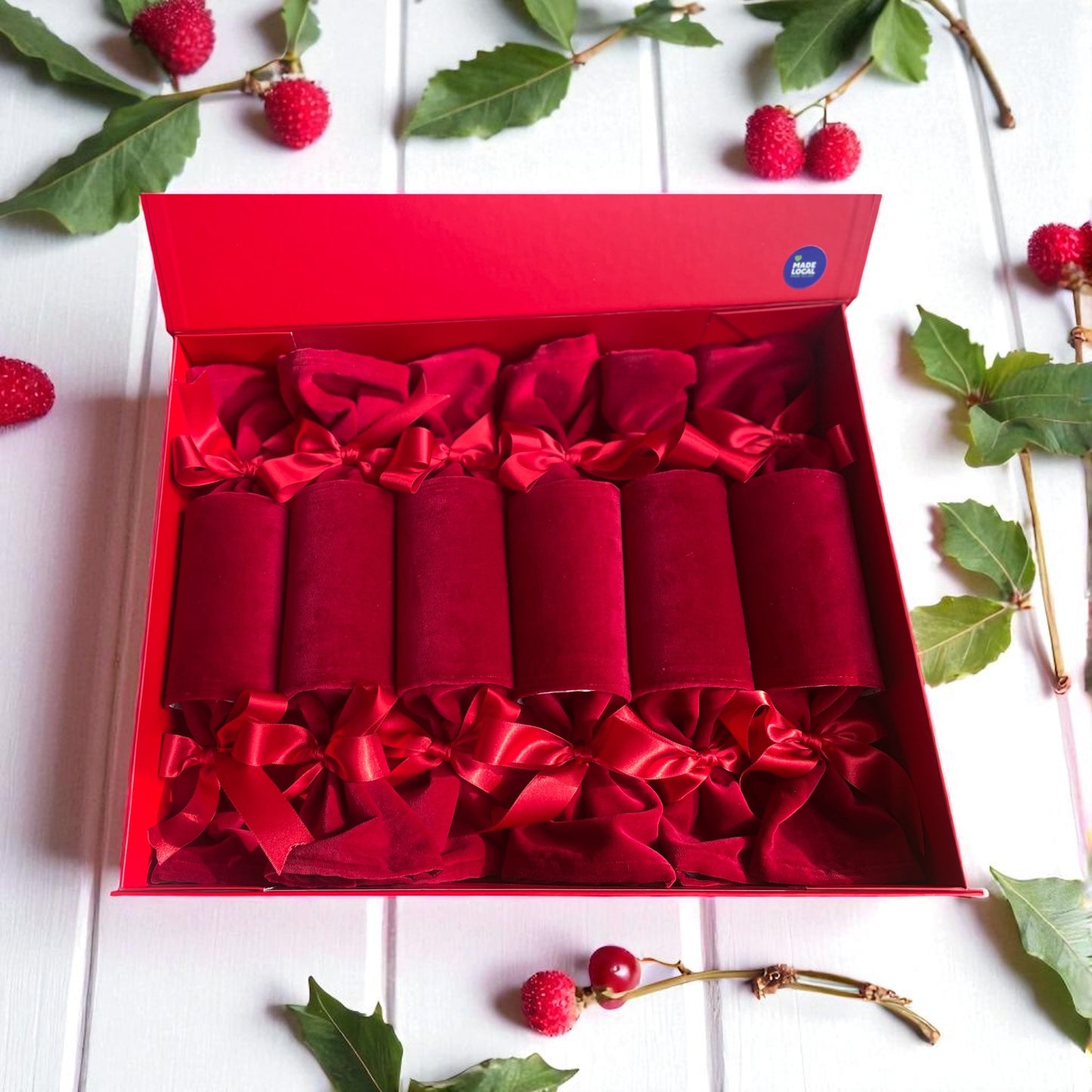 Red Velvet Christmas Cracker in red box with red bows