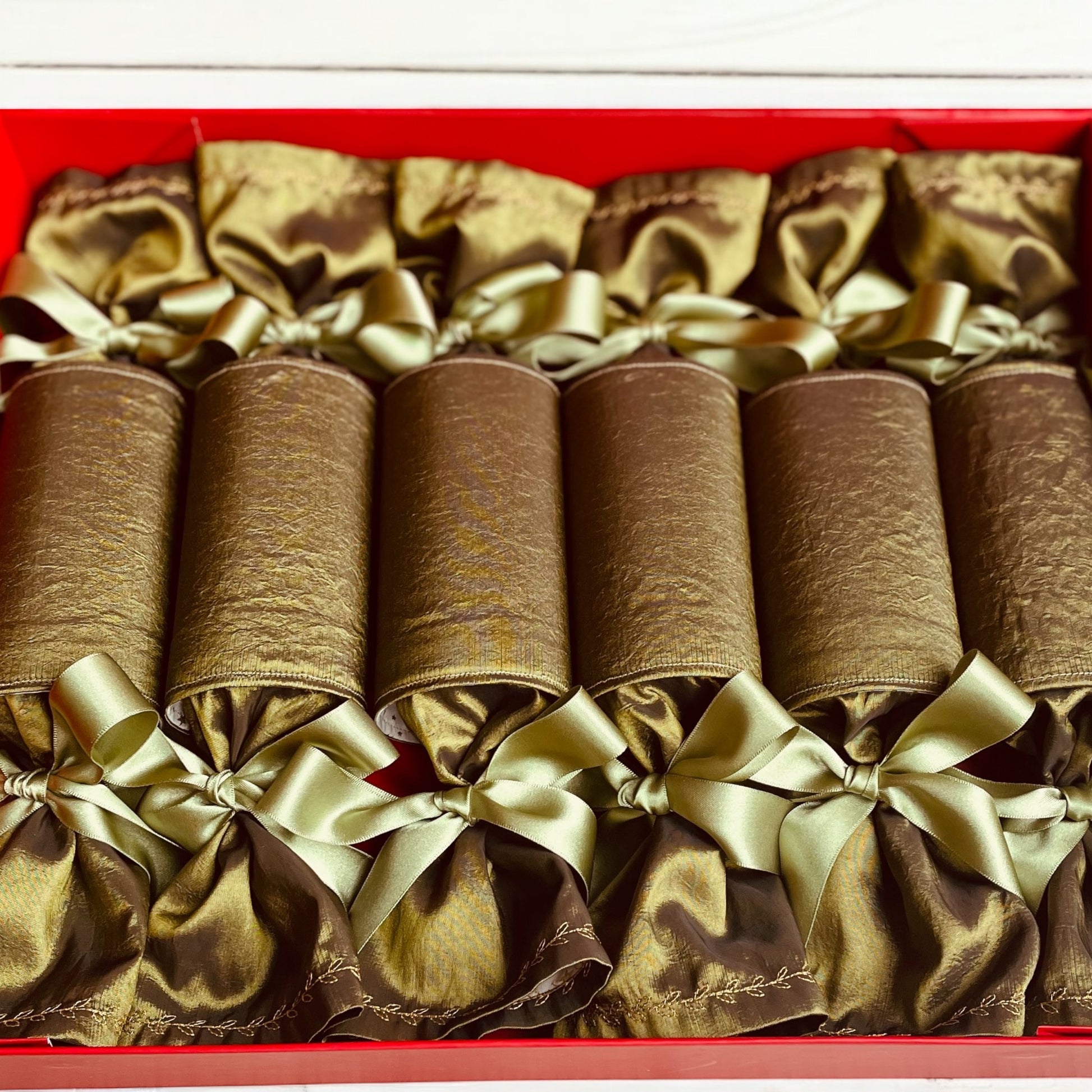 “Set of six St Nicolas Design luxury reusable Christmas crackers, in Olive Green with matching bows in keepsake box, Timeless Celebrations Ireland”