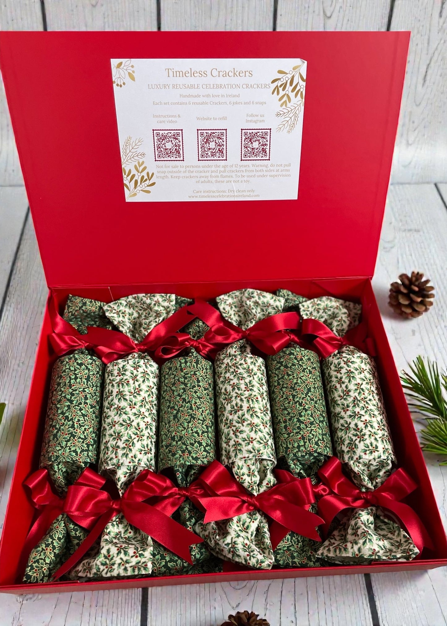 Chrismtas Crackers resuable in fabric holly design red and white